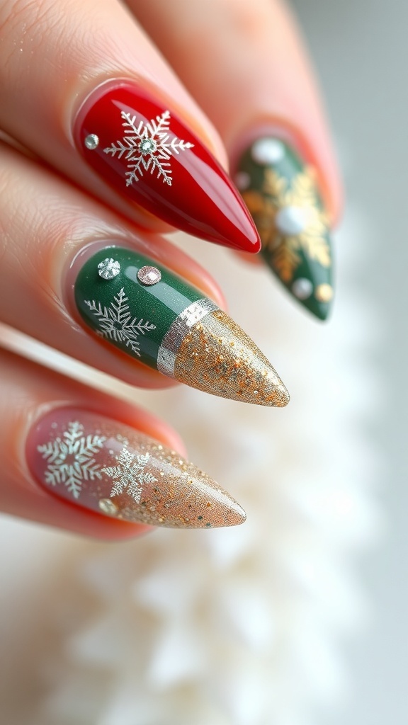 Elegant pointy Christmas nails with red, green, and gold designs, featuring snowflakes and glitter.